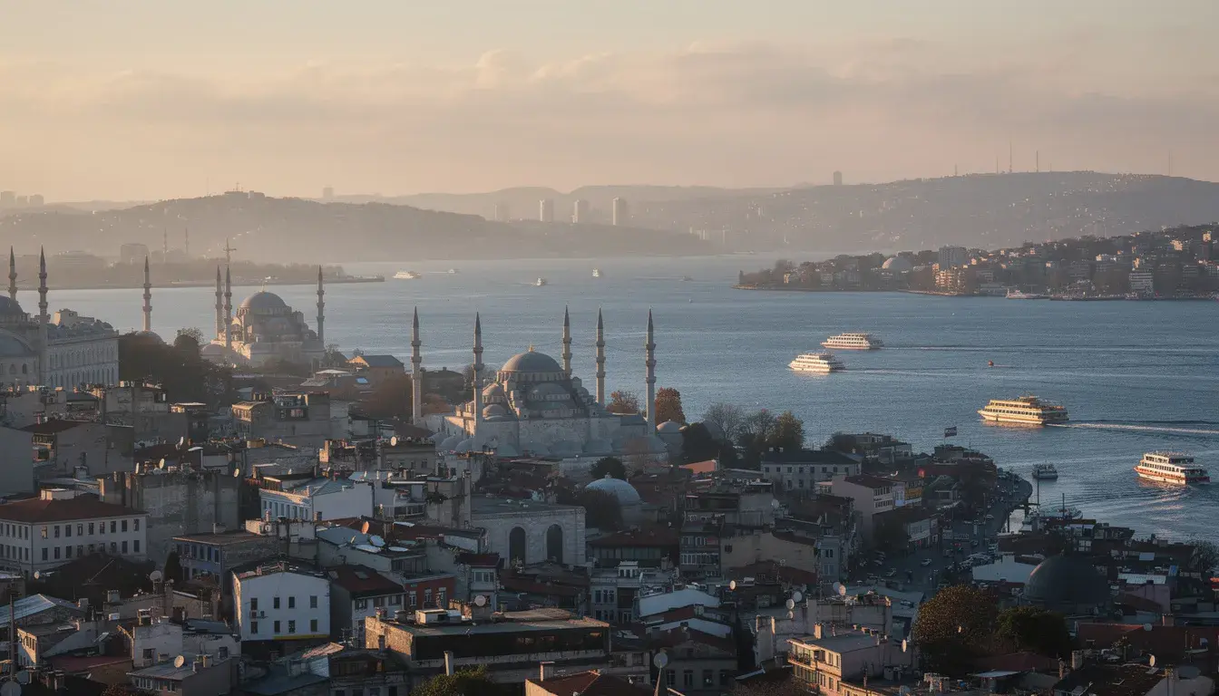The image captures a panoramic view of the Istanbul skyline, showcasing the iconic minarets of the Sultan Ahmed Mosque and the Galata Tower, alongside the bustling Bosphorus strait where ferry boats traverse between the European and Asian sides of the city. This vibrant scene reflects the rich history and beautiful buildings that make visiting Istanbul a memorable experience.