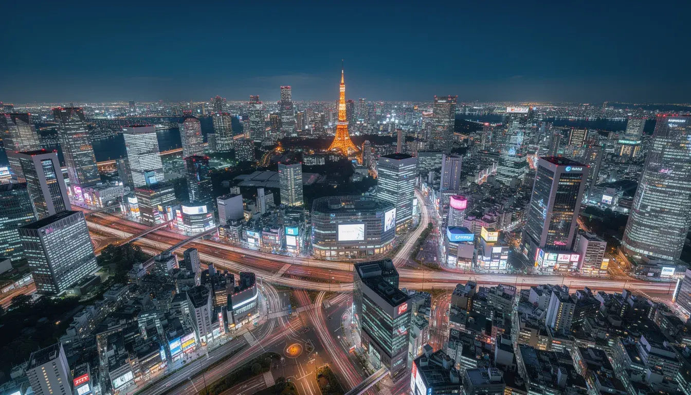 An aerial view of Tokyo at night showcases a vibrant cityscape filled with illuminated skyscrapers and bustling streets, including iconic landmarks like Tokyo Tower and the bright neon lights of Shibuya Crossing. This breathtaking scene captures the essence of Japan's capital, making it a must-see for anyone on a Tokyo trip.