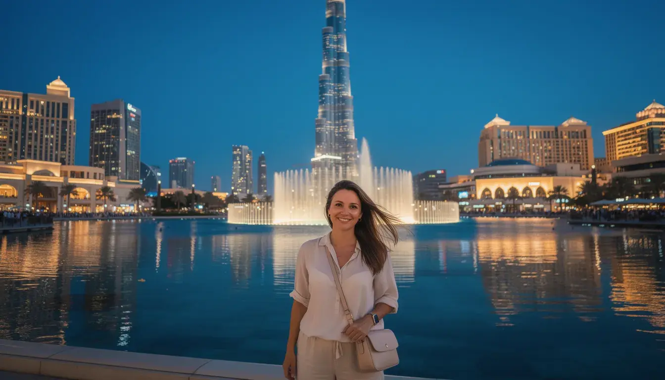 A woman stands gracefully near the Dubai Fountain, with the illuminated Burj Khalifa, the world's tallest building, towering majestically in the background during the enchanting blue hour. This scene captures the vibrant atmosphere of downtown Dubai, showcasing its iconic landmarks and popular tourist attractions.