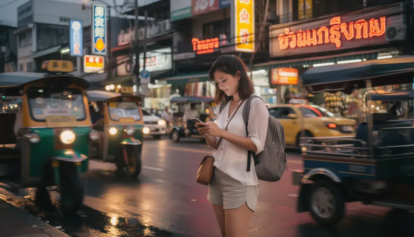 A European woman traveler stands on a bustling Bangkok street, checking her phone amidst the vibrant chaos of tuk tuks and colorful Thai script signs. The scene captures the lively atmosphere of central Bangkok, where street vendors offer delicious traditional Thai food and the excitement of local culture is palpable.