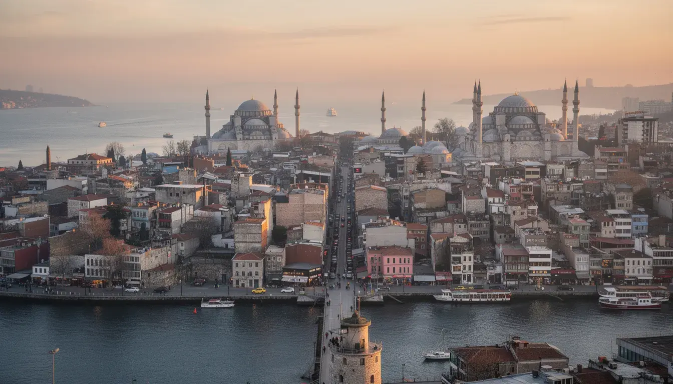The image captures a stunning view from Galata Tower, showcasing the Golden Horn waterway with historic mosques like the Blue Mosque in the foreground and the Bosphorus Strait stretching into the distance, highlighting Istanbul's rich history and beautiful skyline. This scene reflects the vibrant atmosphere of the city's historic district, making it a must-visit for anyone exploring major attractions in Istanbul.
