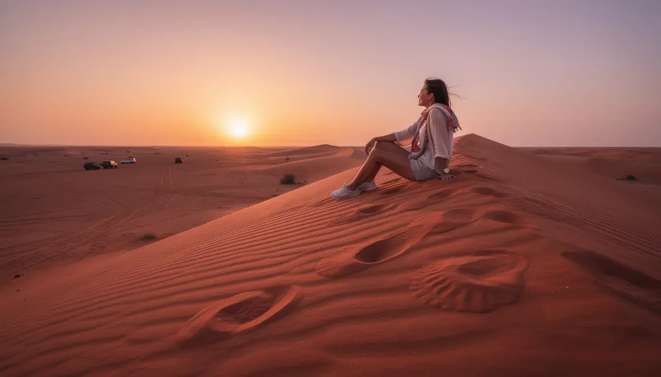 A woman is sitting on a red sand dune during a desert safari at sunset, with golden light casting long shadows across the landscape. The scene captures the serene beauty of the desert, highlighting the unique experience of exploring Dubai's natural attractions.