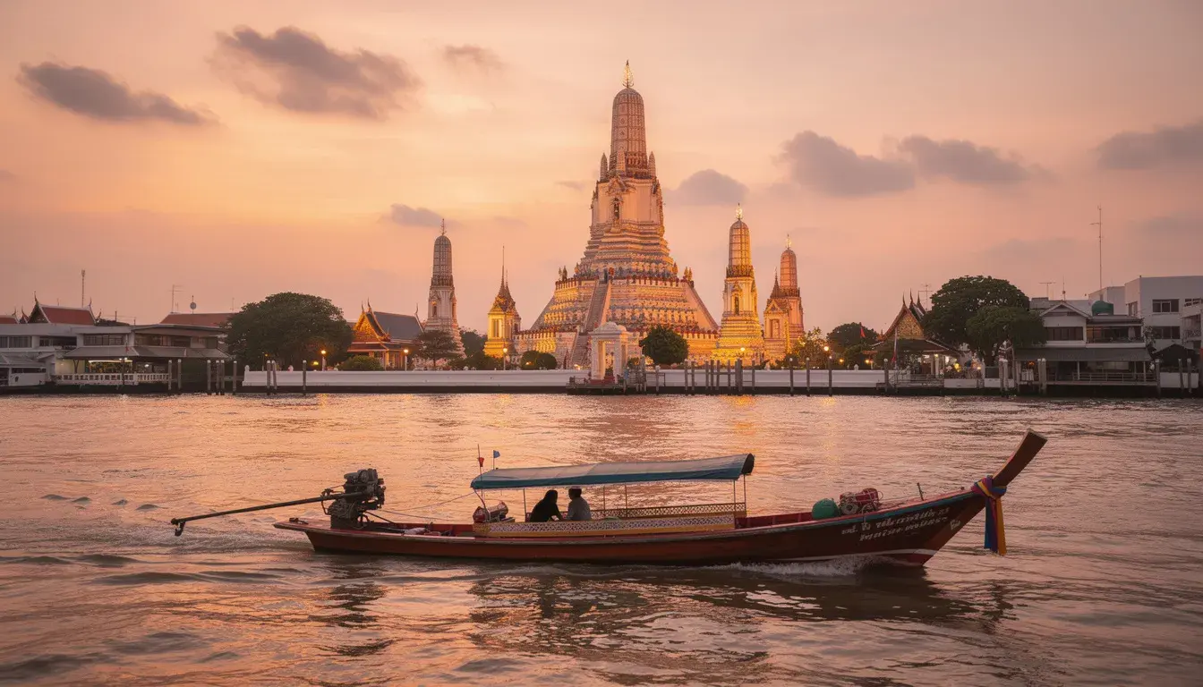 The image captures Wat Arun temple beautifully illuminated during the golden hour, reflecting on the Chao Phraya River in the foreground as a longtail boat glides by, showcasing one of Bangkok's iconic attractions. This UNESCO World Heritage site is a must-visit for anyone exploring the vibrant culture and stunning architecture of Thailand's capital.