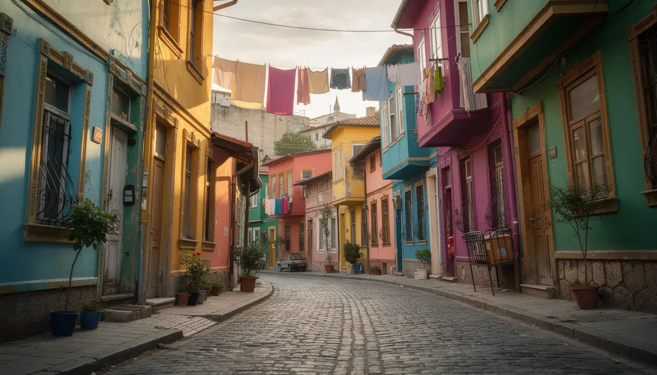 The image depicts a vibrant scene in the Balat neighborhood of Istanbul, showcasing colorful painted houses lining a cobblestone street, with laundry hanging between the buildings. This charming area reflects the local community's rich history and is a delightful place to explore while visiting Istanbul.