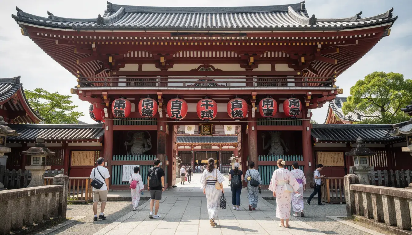 The image depicts a traditional Japanese temple gate adorned with vibrant red lanterns, with visitors strolling through the entrance, capturing the essence of Tokyo's rich cultural heritage. This serene scene invites travelers to experience the historical attractions of Tokyo, such as Sensoji Temple and other nearby sites.