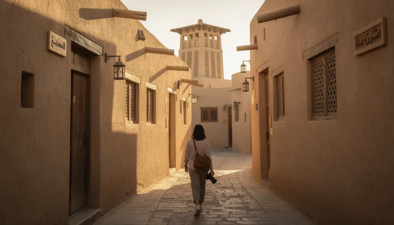A woman strolls through a narrow alley in the Al Fahidi Historical Neighborhood, surrounded by traditional wind tower architecture that reflects the charm of old Dubai. This walking tour offers a glimpse into the city's rich history, contrasting with its modern attractions like the Burj Khalifa and Dubai Mall.
