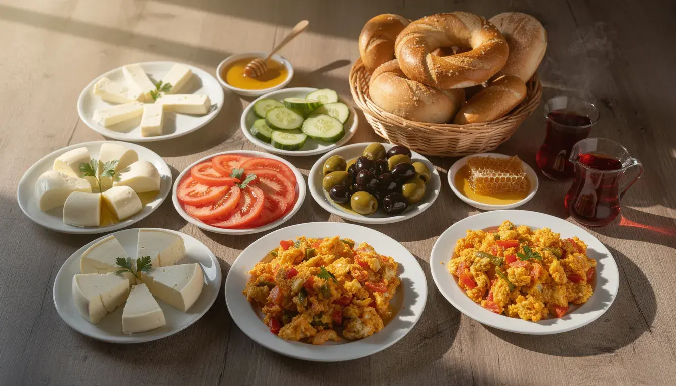 A traditional Turkish breakfast spread is beautifully arranged on a table, featuring small plates filled with an assortment of cheeses, olives, eggs, honey, and fresh bread, showcasing the rich flavors of Turkish cuisine. This delightful meal reflects the vibrant culinary culture that visitors can experience while exploring major attractions in Istanbul, such as the Grand Bazaar and the Blue Mosque.