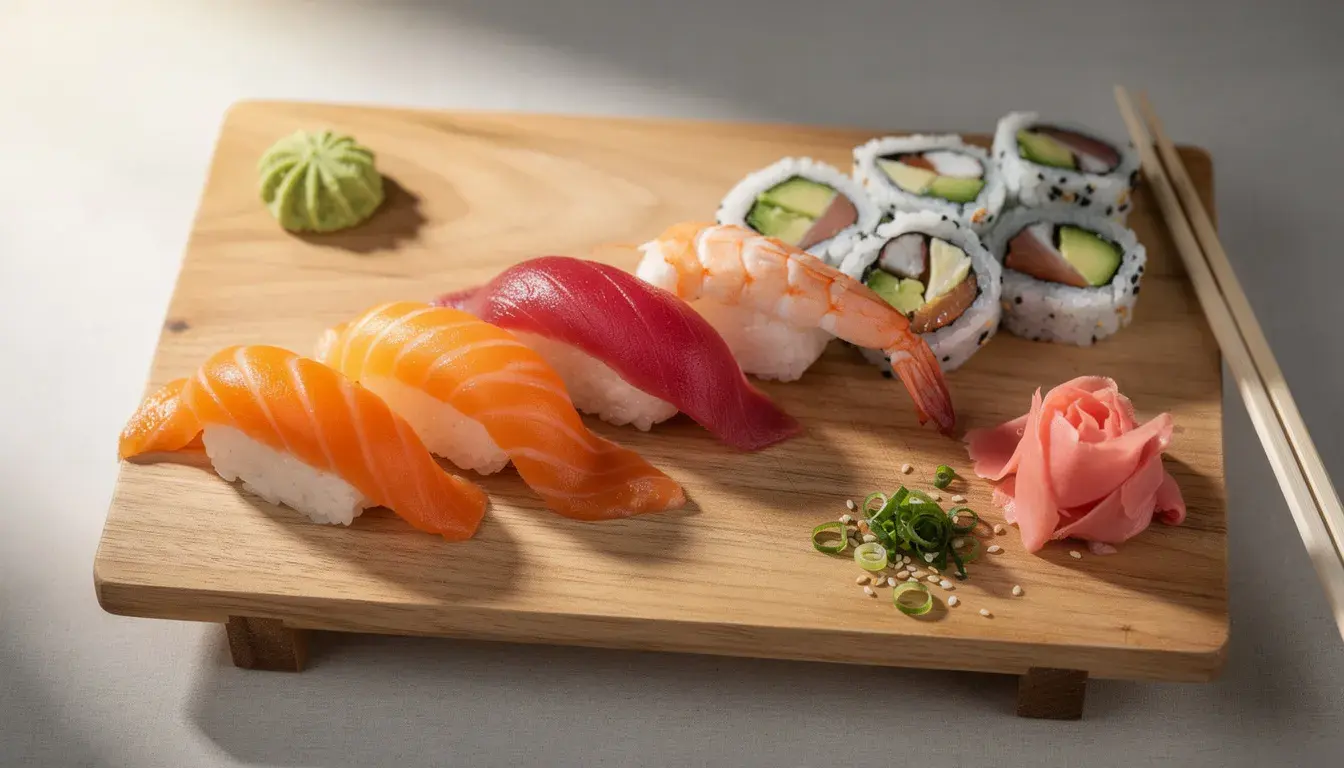 The image features a beautifully arranged platter of fresh sushi on a wooden board, garnished with vibrant wasabi and pickled ginger, evoking the culinary delights found in Tokyo's Tsukiji Outer Market. This presentation showcases the artistry of Japanese cuisine, perfect for anyone looking to explore the flavors of Japan during their trip to Tokyo.