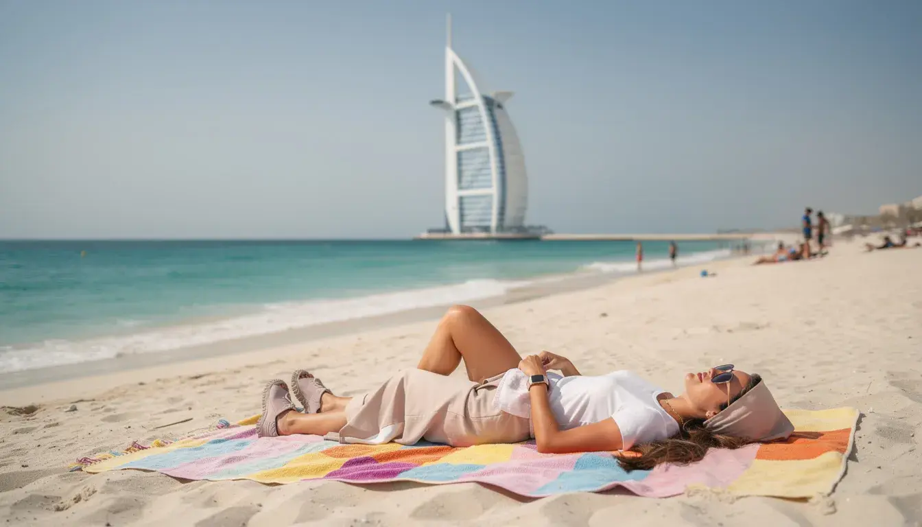 A woman is relaxing on a beach towel at Kite Beach, with the iconic Burj Al Arab visible in the distance against a clear blue sky. This scene captures the essence of Dubai's beautiful coastline and its famous landmarks, making it a perfect spot for enjoying free beaches and soaking in the sun.