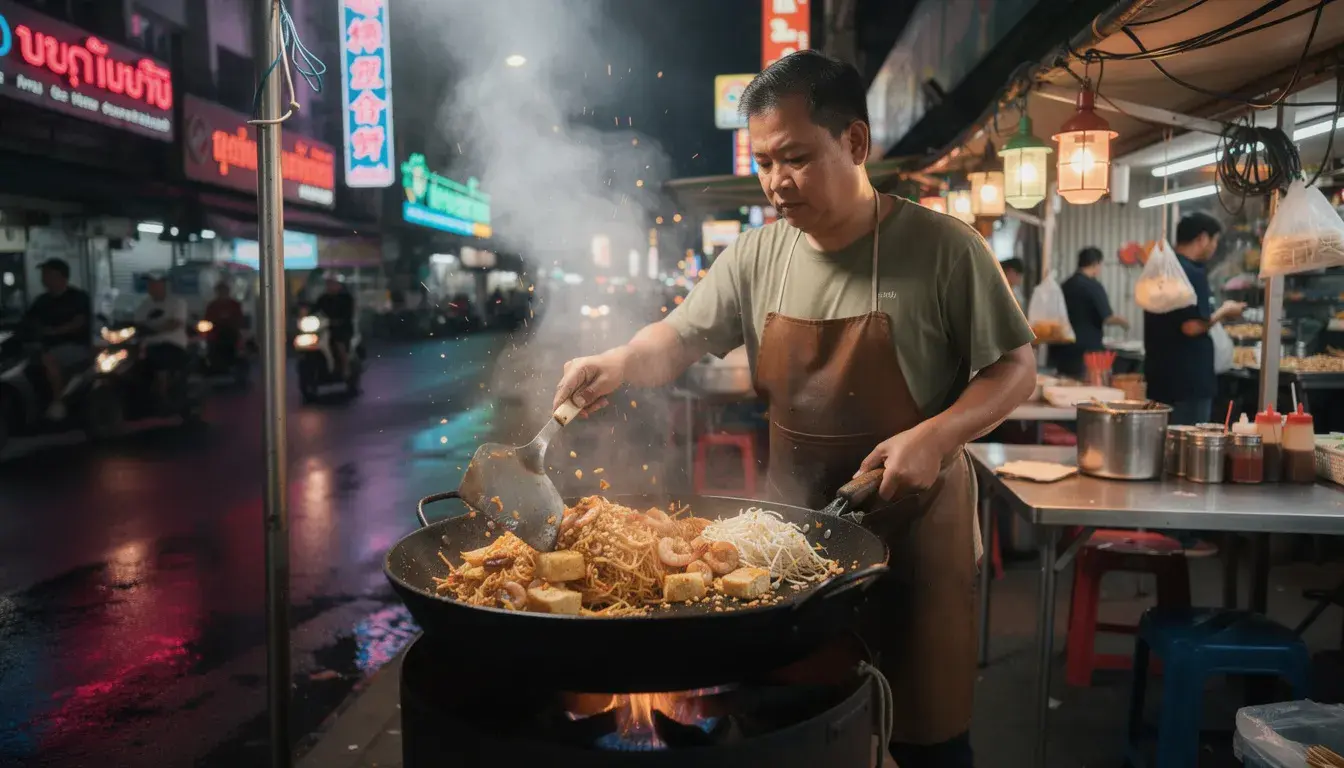 A street food vendor is expertly cooking pad thai in a large wok on a bustling Bangkok street at night, with steam rising from the dish and vibrant neon signs illuminating the scene. This lively atmosphere captures the essence of authentic Thai food and the vibrant nightlife that Bangkok has to offer.