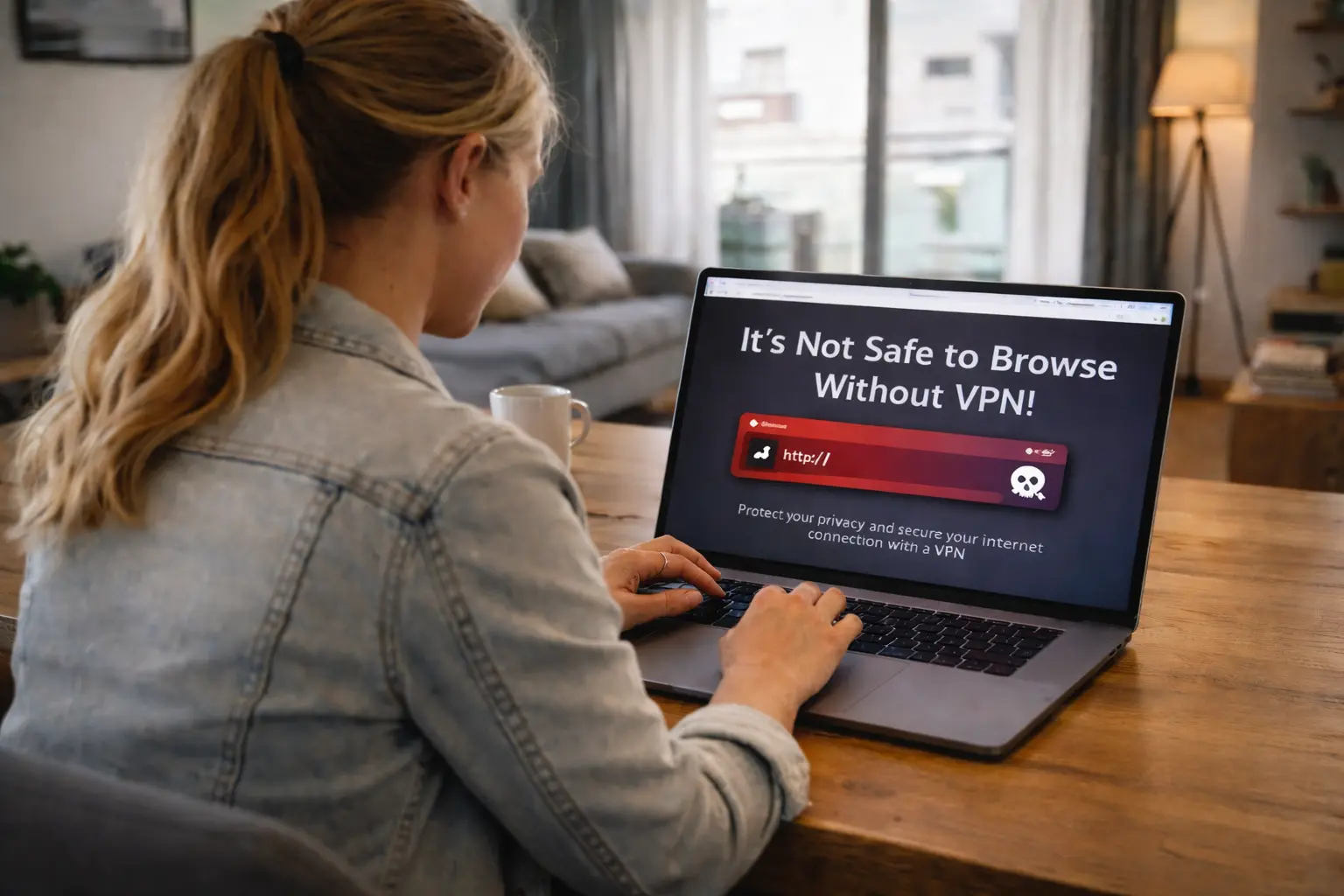 A woman with long hair sits at a desk using a laptop. The screen shows a warning about browsing safety without a VPN.