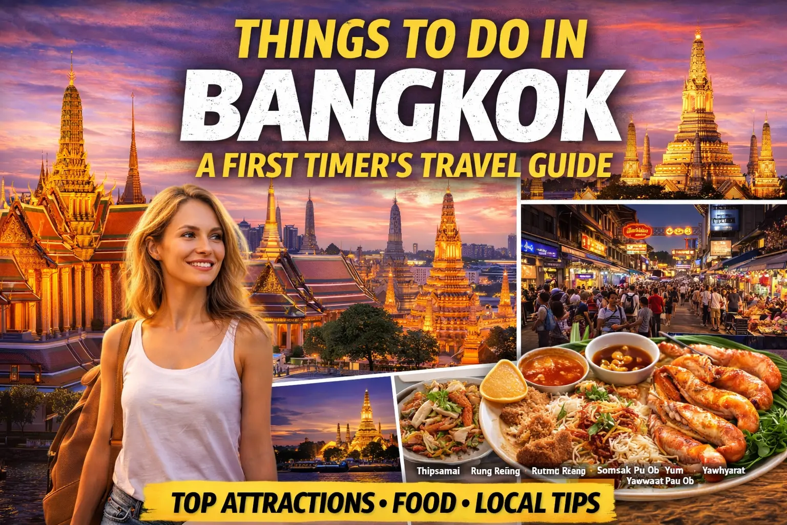 A travel guide cover for Bangkok showing a woman smiling, famous temples, street food, and busy markets.