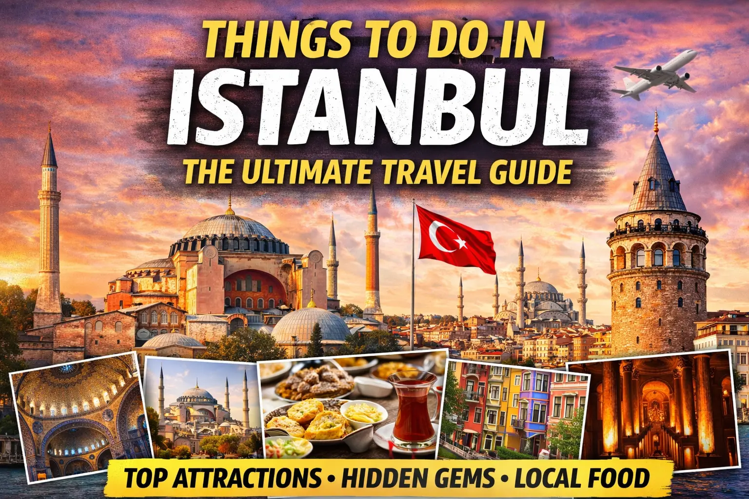 A vibrant travel guide to Istanbul, featuring famous landmarks and local food.